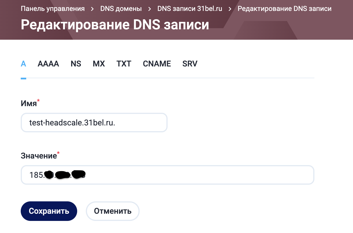 Добавление А-записи в DNS